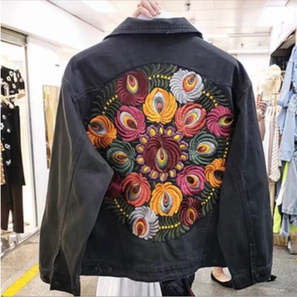 Black bohemian stitched embroidered denim jacket coat - Picture 10 of 15